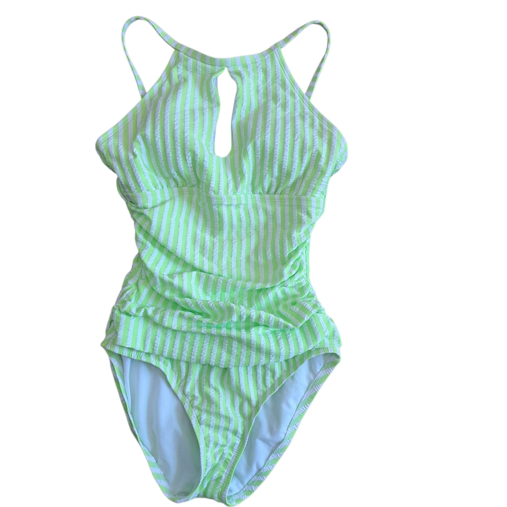 Ellen Tracy Green & White Striped Keyhole One-Piece Swimsuit